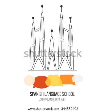 Logo for spanish language school with church in Barcelona and speech bubbles in Spanish flag color. Made in vector. Easy to edit.