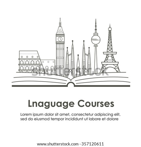 Logo for language courses or school with European landmarks. Made in vector line style. 