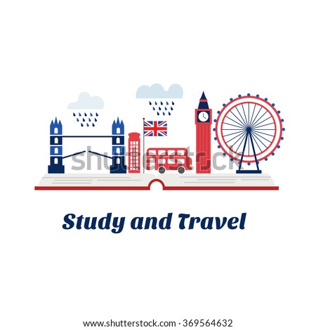 Creativity concept for English courses or school in London. Open books with Big Ben, London bus, red phone box, Tower bridge Also can be used like logo travel agency. Made in vector.