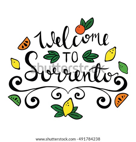 Hand lettering. Italian city Sorrento. Greetings from Sorrento. Perfect for card, souvenir products.
