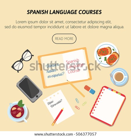 Vertical flat poster for spanish language courses with sangria, spanish food and education attributes. With spanish phrases 