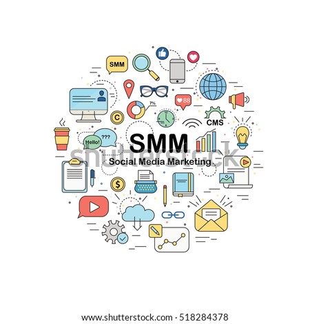 Circle design element with different SMM icons - Social Media Marketing. SEO, SMO, Webdesign, copyrighting. Can be use like background for advertising agency. Also perfect for SMM course or school.