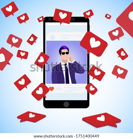 Famous blogger post, collect social icons red hearts, communication online using social media, handsome man page popular catch popularity. Vector illustration