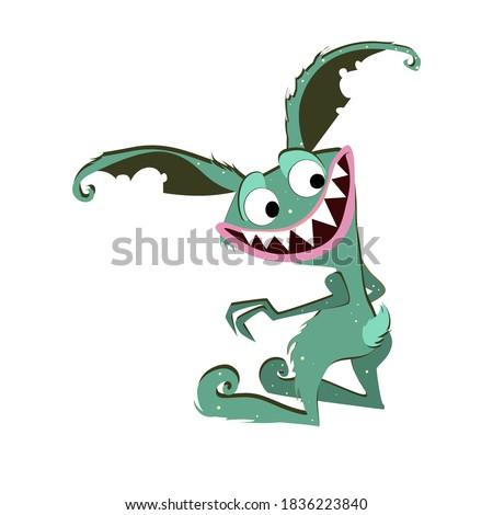 Eared gremlin smiling isolated on white background. Vector monster goblin character, alien gremlin, bizarre mascot, cute cunning look illistration to halloween holiday