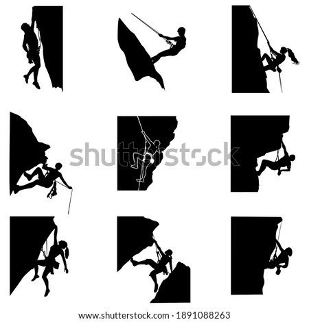 Rock climbing silhouette man and woman, climb to mountain with rope. Climbing vector sport, outdoor extreme activity. Active rest mountaineering and climbing illustration