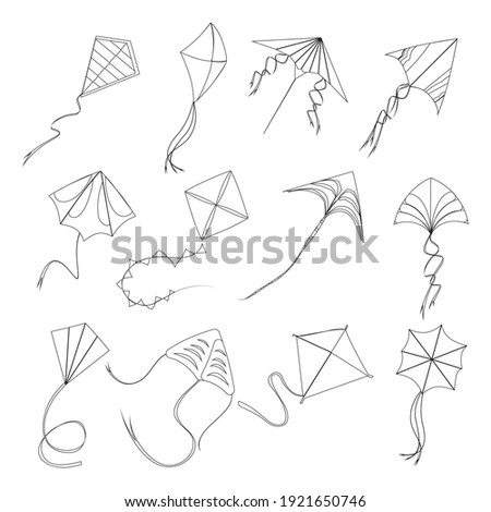 Kite fly linear style to sankranti makar, linestyle stroke kids toys various form and shape, high outdoor flying, active hobby toy entertainment. Vector illustration