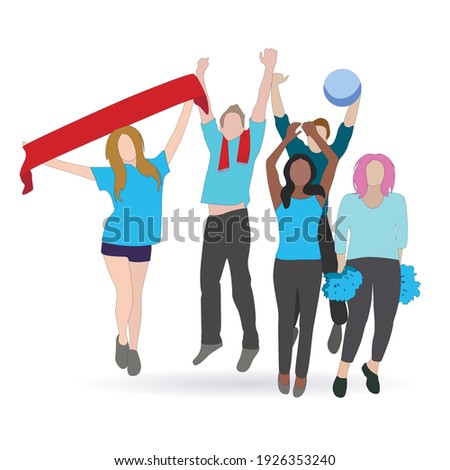 Soccer fans with scarf paraphernalia jump and enjoy. Sports excitement, spectator fan team, crowd people fan. Vector illustration. Exciting and terrific fans cooling
