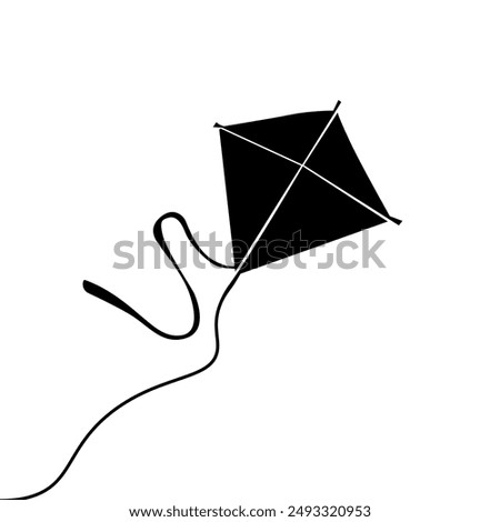 Black silhouette of flying kite, vector of carefree flying kite, silhouette outdoor recreation, skyward activity, pastime wind toy, air freedom, sport string illustration