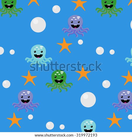 Underwater seamless pattern. Sea animal, nature ocean, marine water, octopus and starfish. Vector graphic illustration
