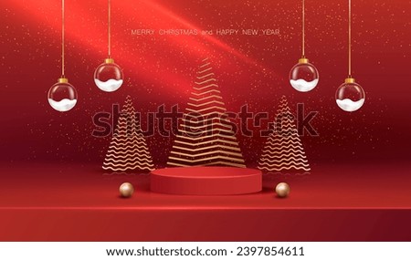 Merry Christmas and Happy New Year background with red podium,  gold trees and snow globe glass balls. Holiday xmas red stage scene for display sale product vector.
