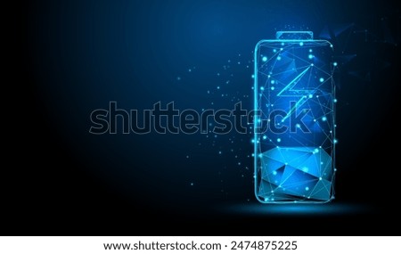 Battery charge icon. Electric discharge or lightning in low poly design. Power neon light futuristic energy storage, high voltage, long battery charge. Technology vector illustration.