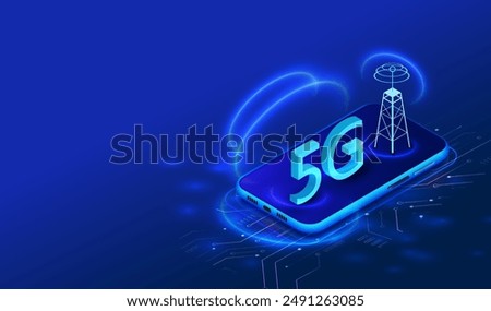 5G internet network communication with mobile phone and tower wireless hi-speed on circuit board isometric background. 5G 3d symbol with light speed. Vector illustration.