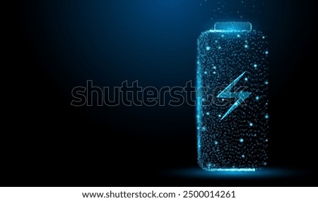 Battery charge icon. Electric discharge or lightning in dotted design. Power neon light futuristic energy storage, high voltage, long battery charge. Technology vector illustration.