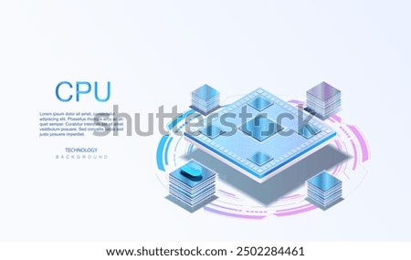 Server database quantum CPU banner. Data ai processing with futuristic CPU. Computer network with processor and circuit board. CPU isometric vector background.