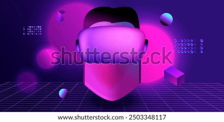 Human face in virtual reality glasses. Virtual reality gamer headset. VR helmet. Metaverse technology design vector. Ai concept.