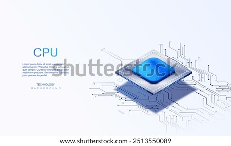 Quantum core computer chip banner. Futuristic ai CPU concept. Computer network with processor and circuit board. CPU isometric vector background.
