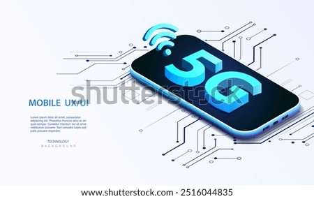 5G internet network communication with mobile phone banner. Wireless hi-speed on circuit board isometric background. 5G and Wifi 3d symbol light speed. Vector illustration.