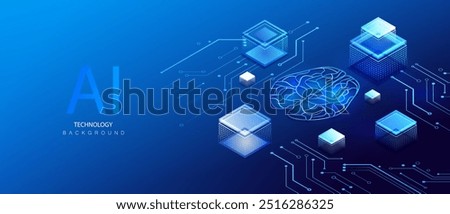 Data center server industry on circuit board. Work innovation at AI server. Digital ai brain center neural network. Isometric intelligence vector illustration.	
