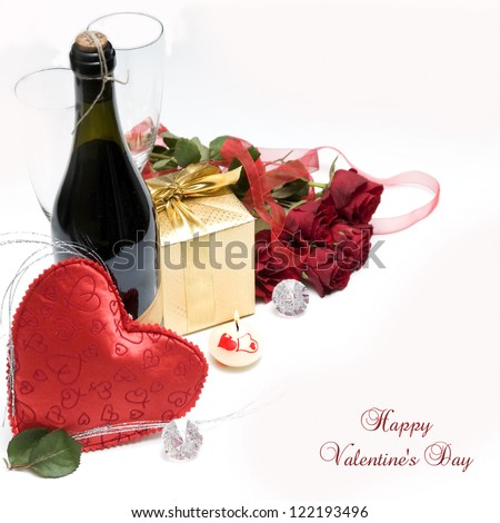 Romantic still life with strawberry sparkling wine,gift and roses