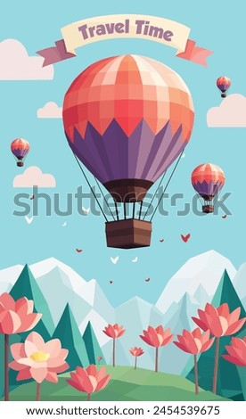 Travel time poster template with low poly hot air balloons with flowers and nature geometric polygonal style vector illustration