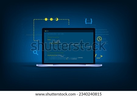 Concept of computer programming or software or game development. 3d vector illustration with coding symbols and programming windows. Concept of information technologies and computer engineering.