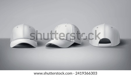 
White baseball caps mock up a gray background, front and back or different sides. For branding and advertising.