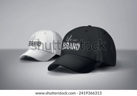 
Black and white baseball caps mock up with logo in gray background, front sides. For branding and advertising.