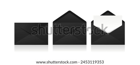 Set of realistic black envelopes in different positions. Folded and unfolded envelope backpack isolated