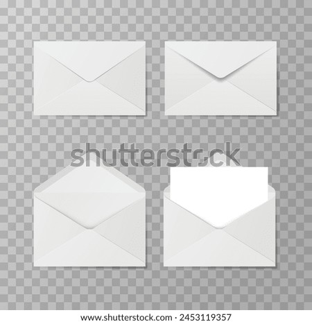 Set of realistic white envelopes in different positions. Folded and unfolded envelope backpack isolated