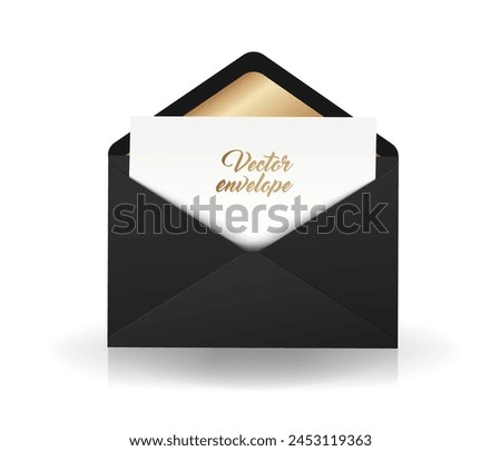 Vector envelope. Open black envelope with invitation card. Marriage invitation card design. Realistic backpack envelope.