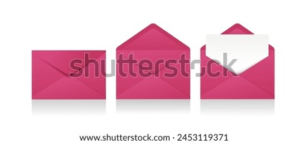 Set of realistic pink envelopes in different positions. Folded and unfolded envelope backpack isolated