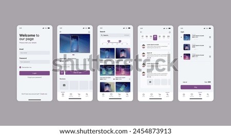 Smartphone UI app. Phone screens for shop application. Mobile interface with account login and shopping cart. Screenshots responsive website mockups.