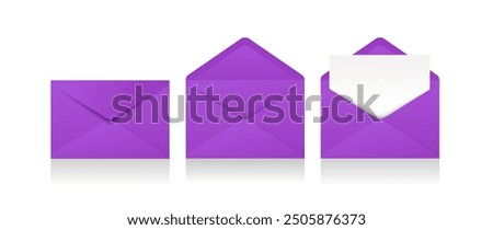 Set of realistic purple envelopes in different positions. Folded and unfolded envelope backpack isolated