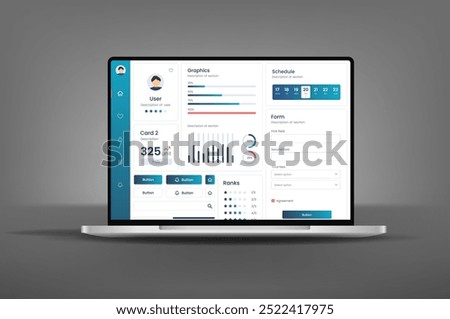 User interface of an analysis panel on a laptop. UX UI design. Dashboard usability laptop on electronic devices. Charts and tables for efficient data management and monitoring.