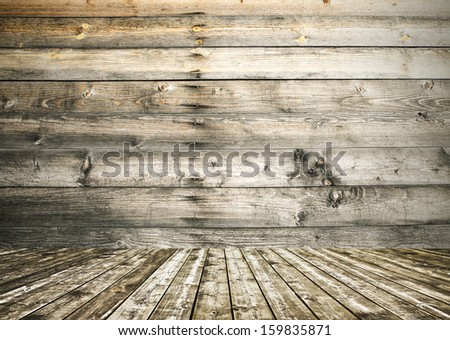 Background of an old natural wood room with messy and grungy texture inside neglected and deserted interior
