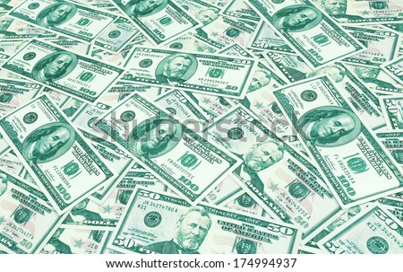 Dollars seamless background. High resolution wallpaper texture of rolled in a tube one hundred and flat fifty banknotes toned in green and blue