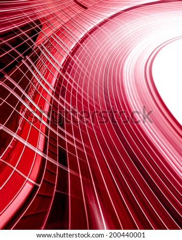 Abstract illustration background texture of perspective wide angle view to steel light red glass surface, high rise building skyscraper commercial modern city of future. Business industry architecture