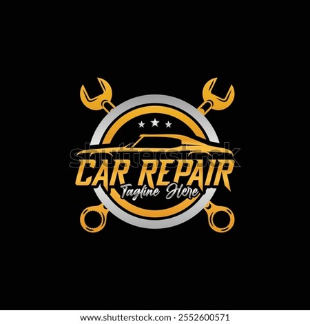 Professional Auto Repair and Car Wash Logo Featuring Wrenches, Water Droplets, and Car Silhouette Design