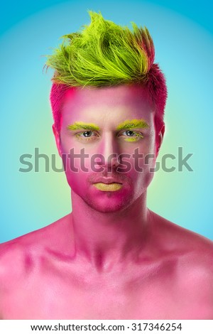 Closeup beauty portrait of attractive model face with bright pink visage