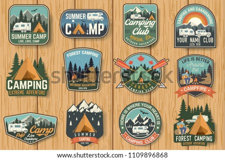 Set of Summer camp badges on the wood board. Vector. Concept for shirt , print, stamp, travel badges or tee. Design with rv trailer, camping tent, campfire, pot on the fire, axe and forest silhouette