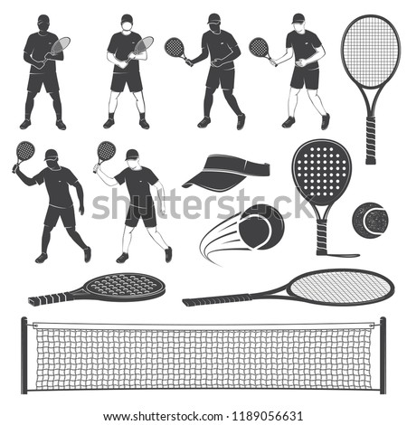 Set of tennis and paddle tennis equipment silhouettes. Vector illustration. Collection include paddle tennis racket, balls, tennis net, player and visor silhouettes.