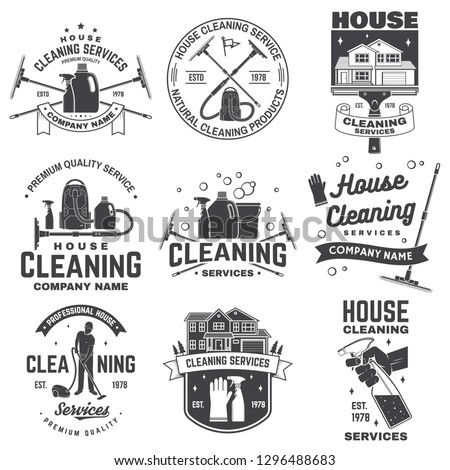 Cleaning company badge, emblem. Vector illustration. Concept for shirt, print, stamp or tee. Vintage typography design with cleaning equipments. Cleaning service sign for company related business