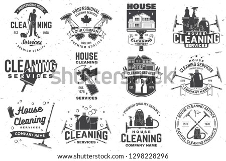 Set of cleaning company services badge, emblem. Vector. Concept for shirt, print, stamp or tee. Vintage typography design with cleaning equipments. Cleaning service sign for company related business