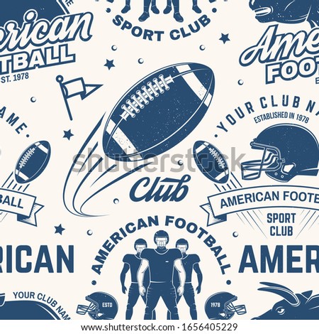 American football seamless pattern, background. Vector illustration. Seamless sport pattern with bull, sportsman player, helmet, ball and shoulder pads silhouette. American football sport club texture