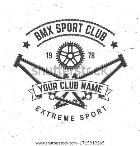 Bmx extreme sport club badge. Vector illustration. Concept for shirt, logo, print, stamp, tee with frames, chain. Vintage typography design with bmx frames, sprocket silhouette.