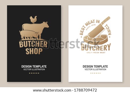 Butcher shop Badge or Label with cow, pig, chicken,beef. Vector illustartion. Vintage typography logo design with cow, pig, chicken,beef silhouette. For poster, flyer, template Stockfoto © 