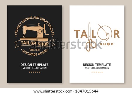 Set of tailor shop covers, invitations, posters, banners, flyers, placards. Vector illustration. Template design for branding, advertising for sewing shop business