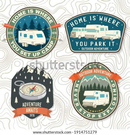Set of Summer camp patches. Vector. Concept for shirt or logo, print, stamp, patch or tee. Vintage typography design with rv trailer, camping tent, forest, mountain silhouette