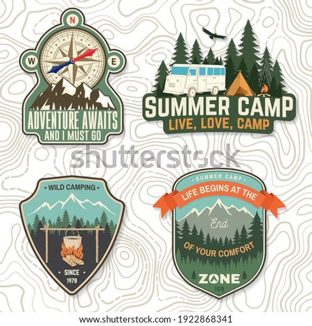 Set of camping badges, patches. Vector illustration. Concept for shirt or logo, print, stamp or tee. Vintage typography design with camping tent, forest and camper compass silhouette