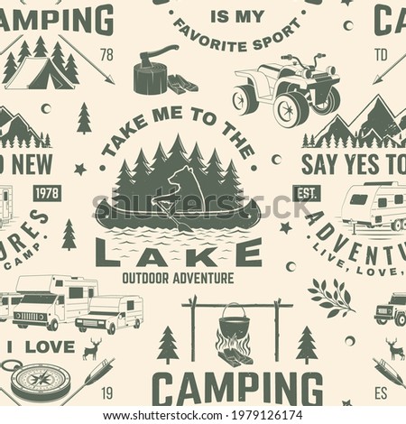 Summer camp seamless pattern or background. Vector Seamless scene with quad bike, tent, mountain, camper trailer and forest silhouette. Outdoor adventure background for wallpaper or wrapper. 商業照片 © 